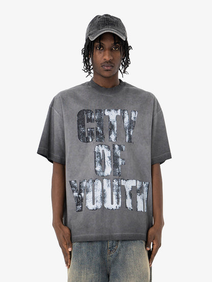 Vintage Gradient Spray Letter Print T-Shirt 