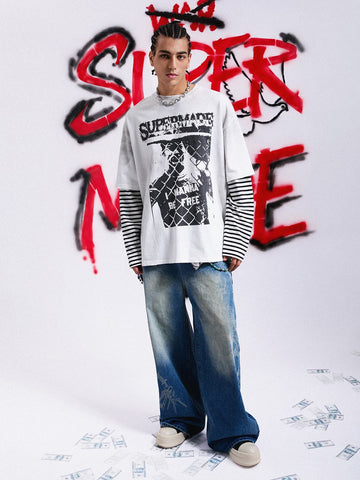 Grunge Graphic Distressed Cage Striped Long-Sleeve T-Shirt 