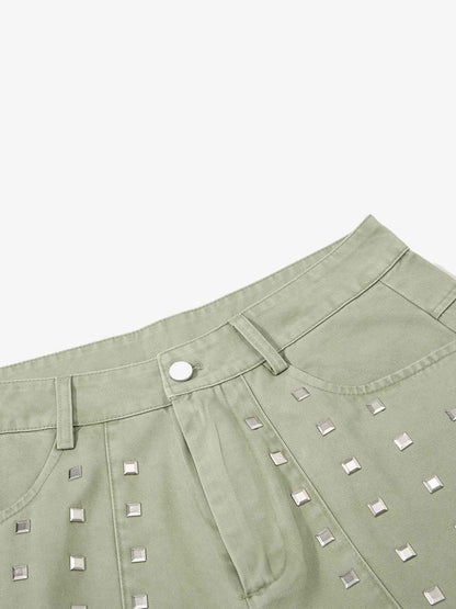 Heavy-Duty Studded Curved Wide-Leg Pants 