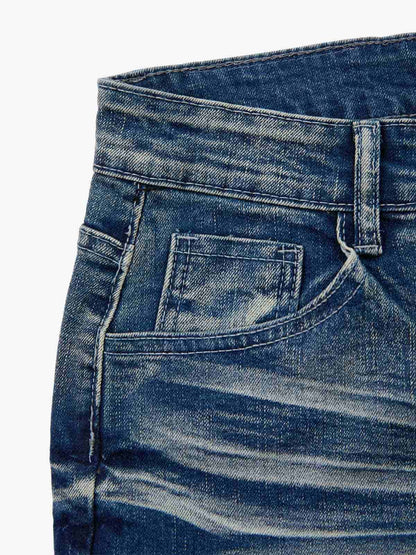 Vintage Distressed Button Fly Ruched Panel Flared Jeans 