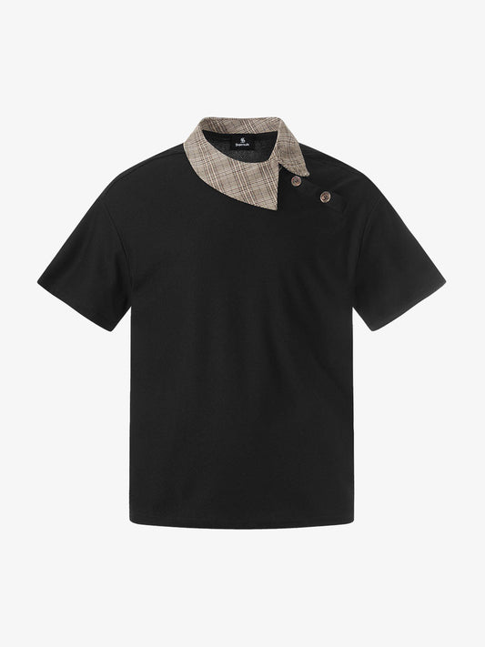 Kariertes T-Shirt mit asymmetrischer Knopfleiste und Kragen