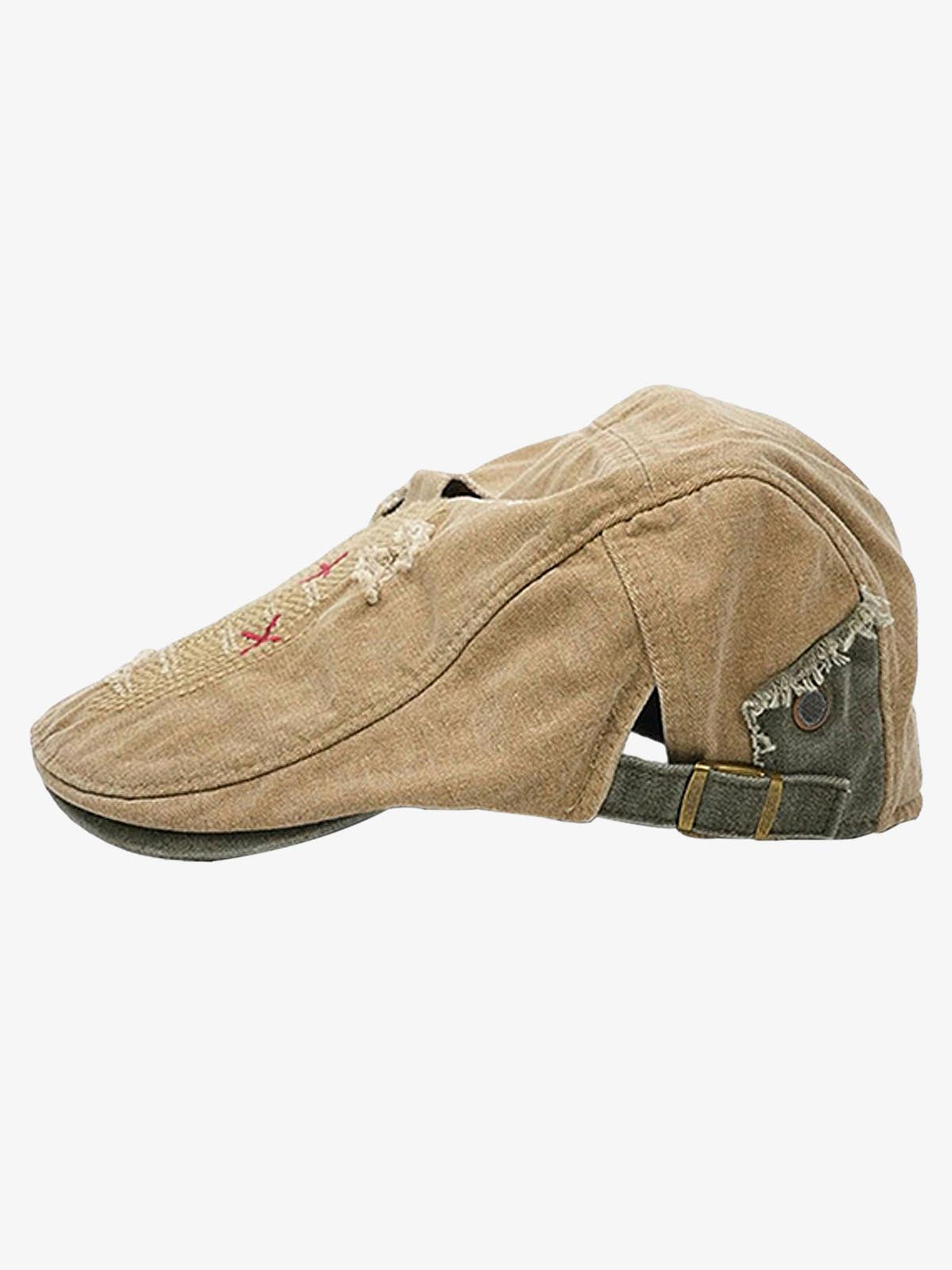 Distressed Patchwork Embroidered Cotton Flat Cap 