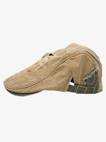 Distressed Patchwork Embroidered Cotton Flat Cap 