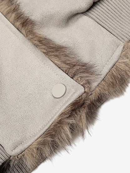 Vintage Suede Faux Fur Lined Buckle Bomber Jacket 
