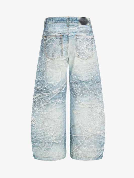 Vintage Washed Rhinestone Wide Leg Denim Jeans 