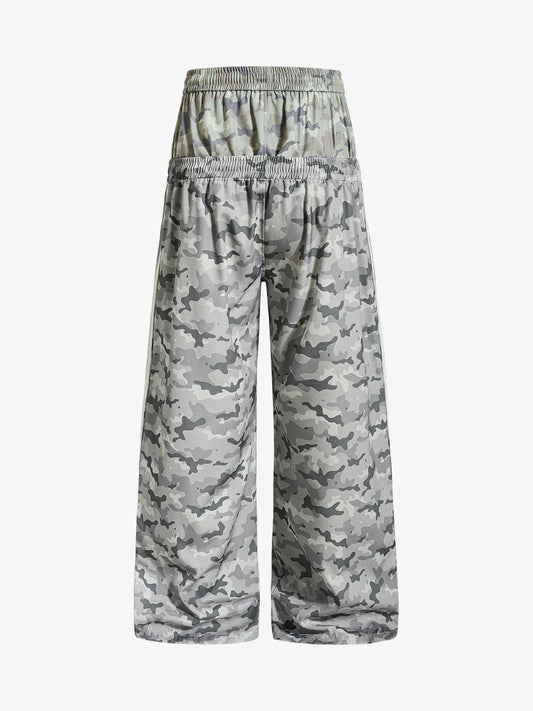 Double Waistband Elastic Waist Camo Side Panel Wide Leg Pants 