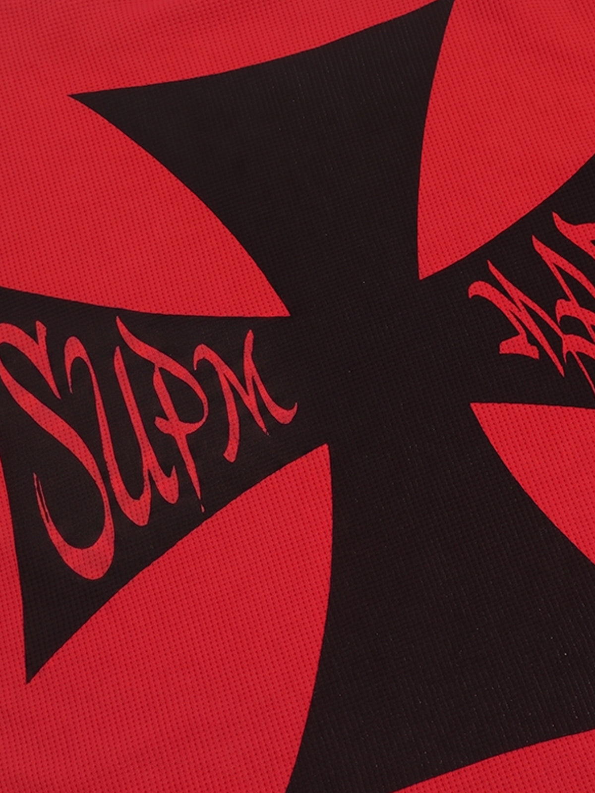 Red Waffle-Knit Cotton Blend Oversized T-Shirt with Bold Iron Cross Graphic Print
