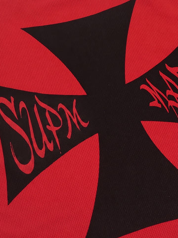 Red Waffle-Knit Cotton Blend Oversized T-Shirt with Bold Iron Cross Graphic Print