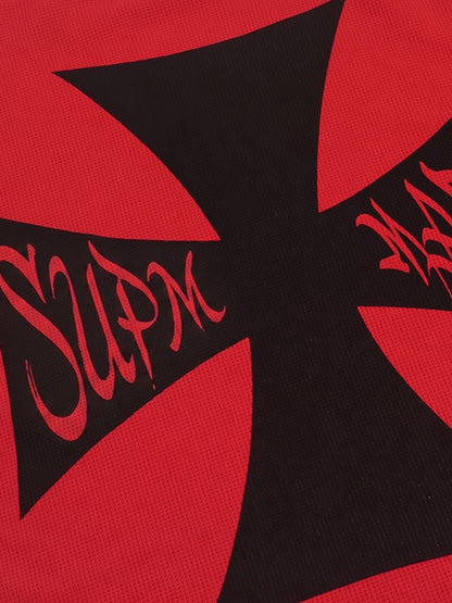 Red Waffle-Knit Cotton Blend Oversized T-Shirt with Bold Iron Cross Graphic Print