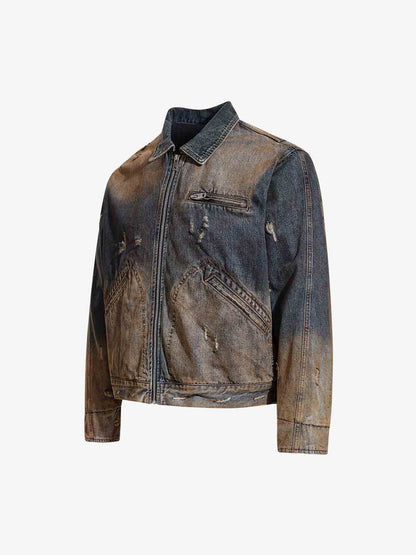 Vintage Washed Distressed Denim Zip Up Jacket 