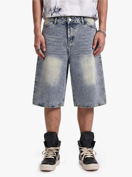 Strassbesetzte Bermuda-Shorts aus Used-Denim – Weit geschnittene Streetwear-Shorts aus Baumwolle