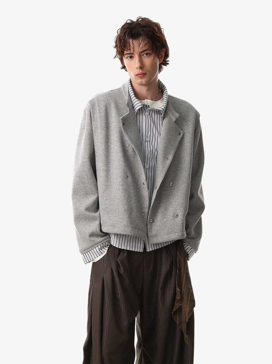Button Detail Striped Panel Faux Layered Jacket 