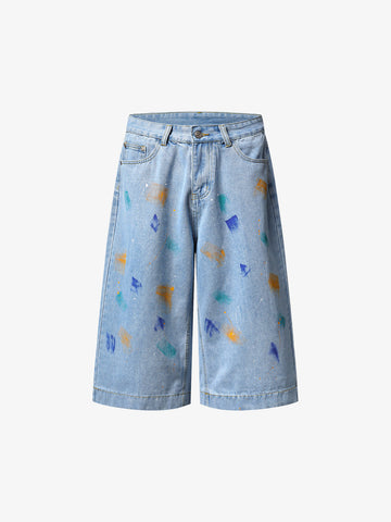 Paint Splatter Denim Wide-Leg Shorts – 100% Cotton Streetwear