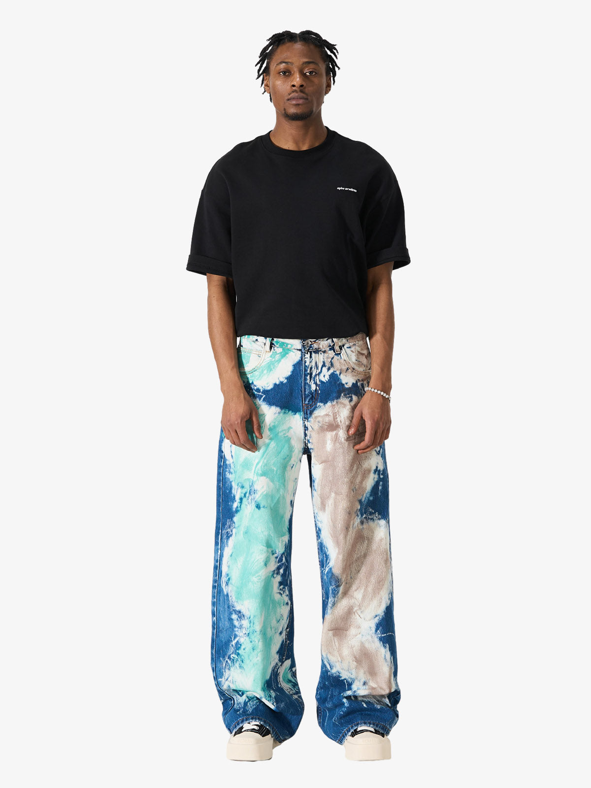 Denim Tie-Dye Wide Leg Jeans with Blue Green and Beige Patterns 