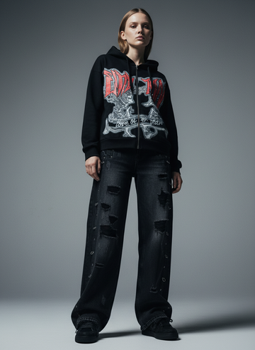 Retro Gothic Print Rhinestone Zip-Up Hoodie 