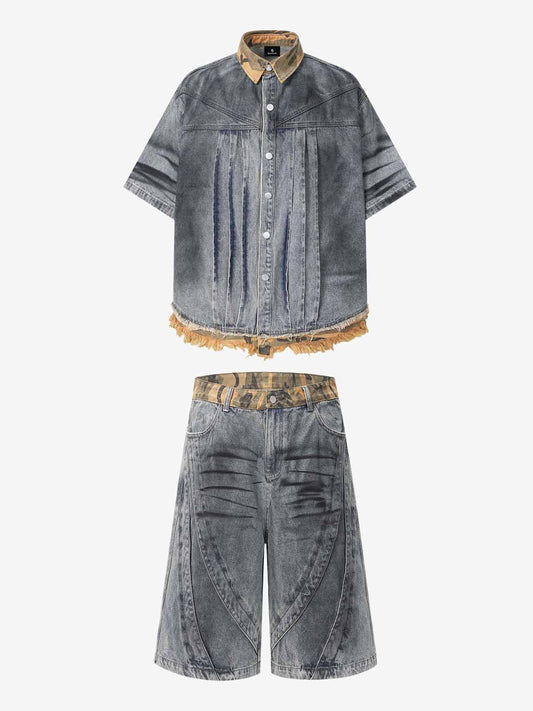 Camo-Trimmed Pleated Denim Utility Set 