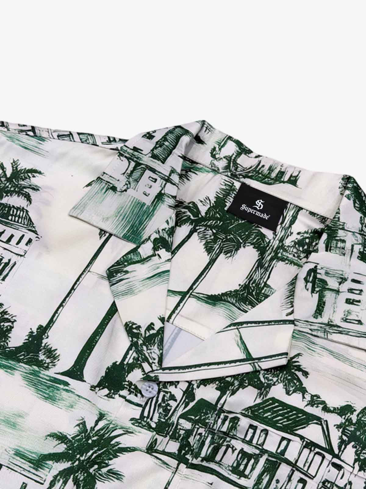 Vintage Green Coconut Tree Camp Collar Boxy Shirt 