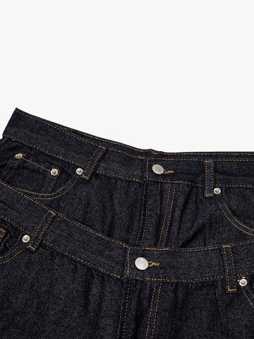 Raw Denim Oversized Shorts – High-Waisted Cotton with Dual Waistband & Rivet Detail