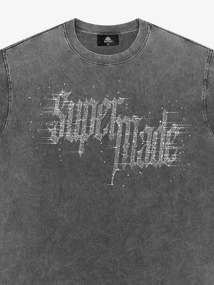 Washed Gothic Letter Imitation Diamond T-Shirt 