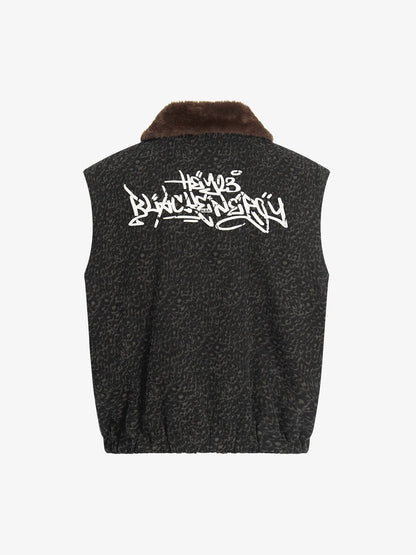 Vintage Leopard Print Fleece Zip Up Vest 