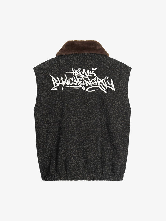 Vintage Leopard Print Fleece Zip Up Vest 
