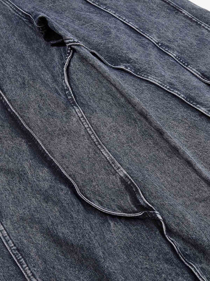 Washed Geometric Panel Barrel Jeans 