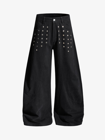 Heavy-Duty Studded Curved Wide-Leg Pants 