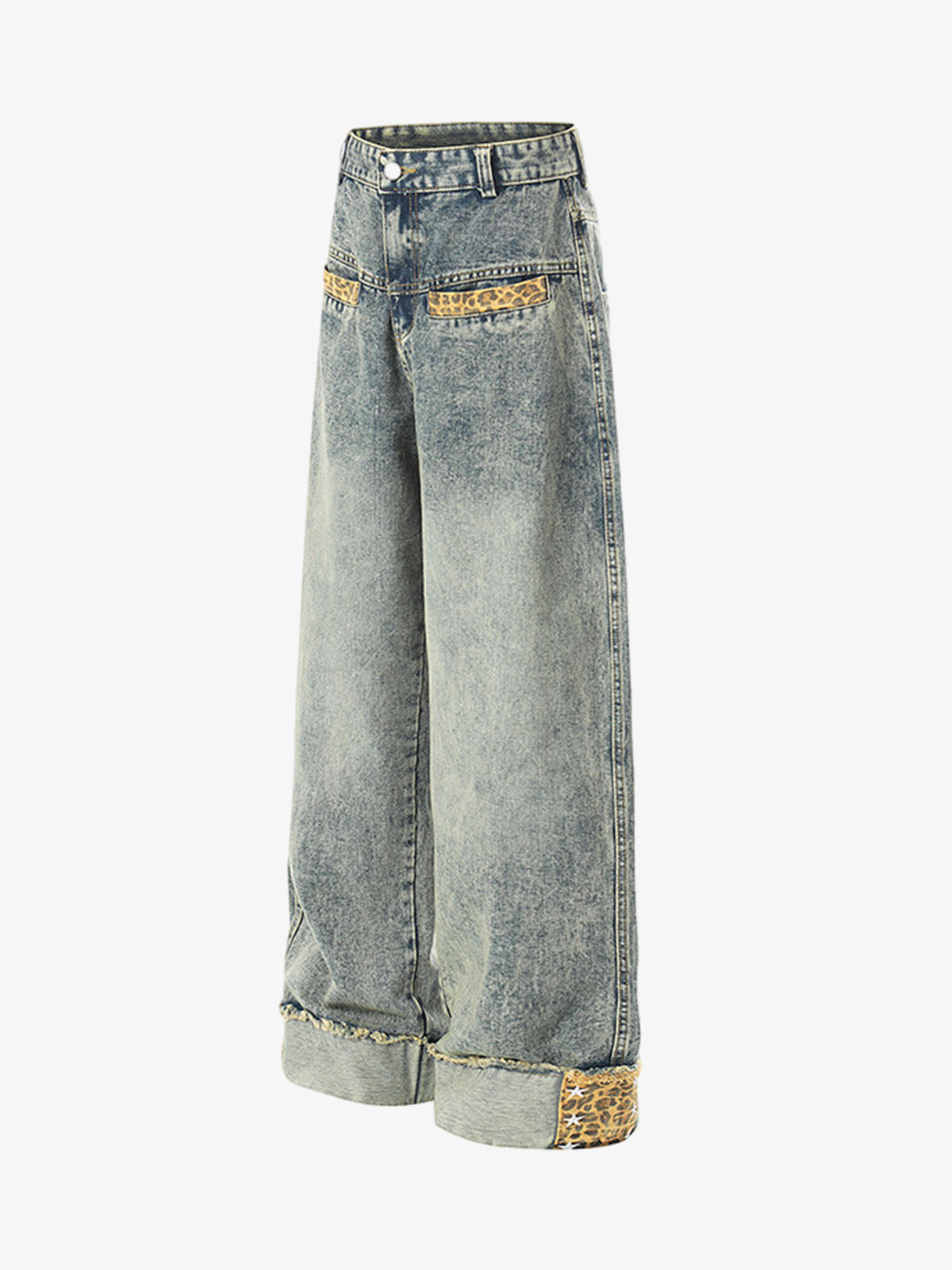 Leopard Print Trim Washed Jeans 