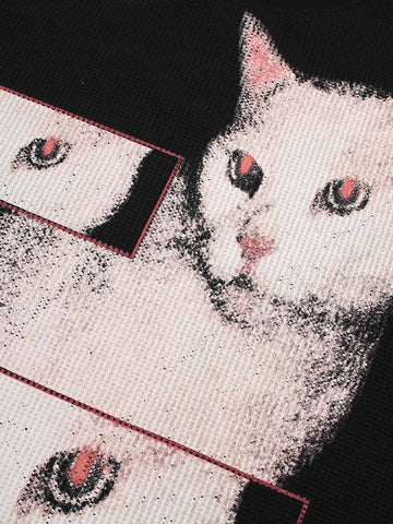 Cat Print Long-Sleeved T-Shirt 