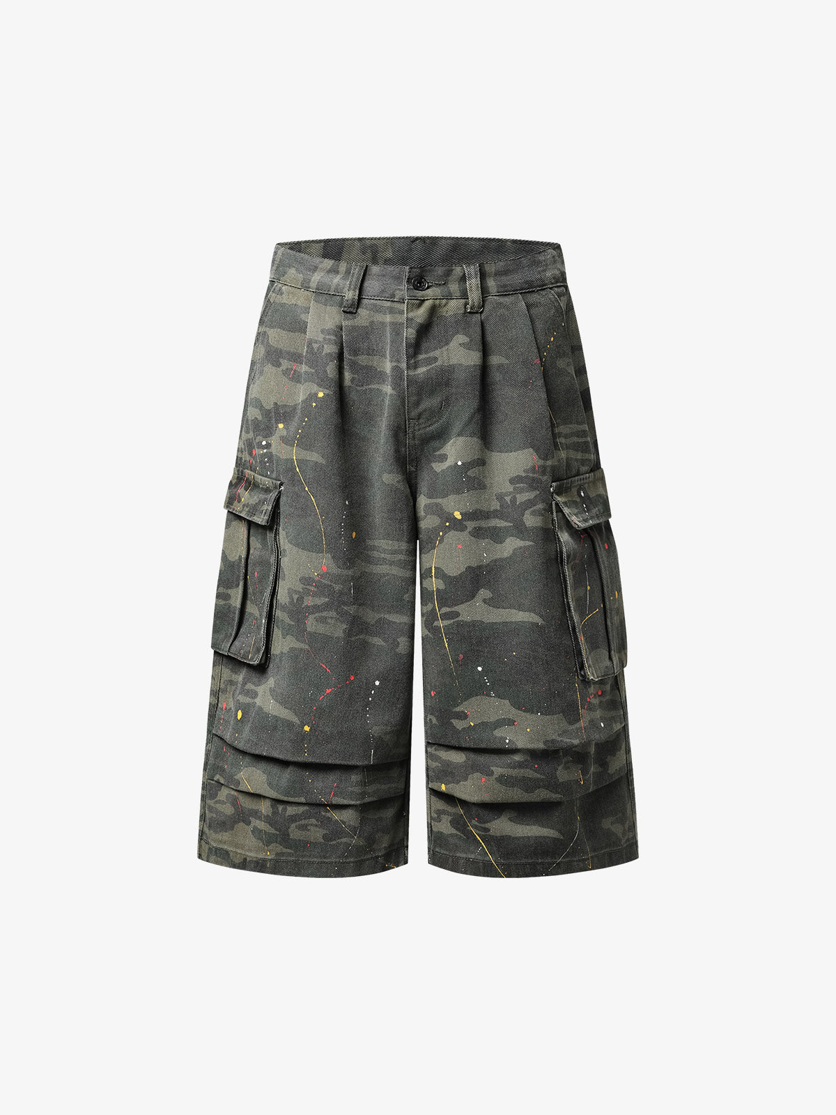 Camo Cargo Shorts with Paint Splatter – Relaxed Fit Utility Streetwear