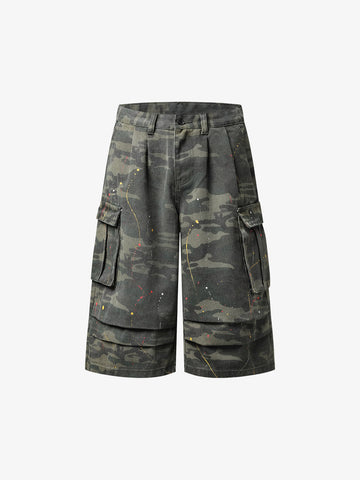 Camo Cargo Shorts with Paint Splatter – Relaxed Fit Utility Streetwear