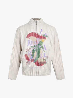 Retro Abstract Print Ribbed Stand Collar Zip-Up Sweater 