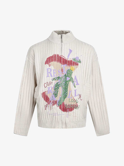 Retro Abstract Print Ribbed Stand Collar Zip-Up Sweater 