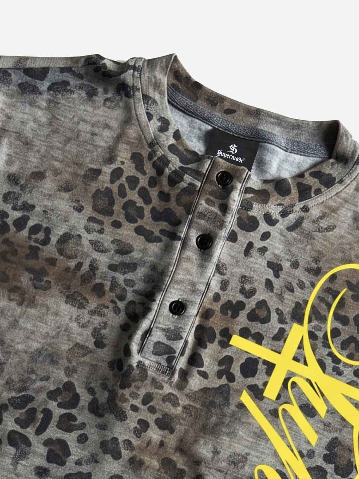 Vintage Leopardenmuster-T-Shirt mit Reißverschluss am Hals