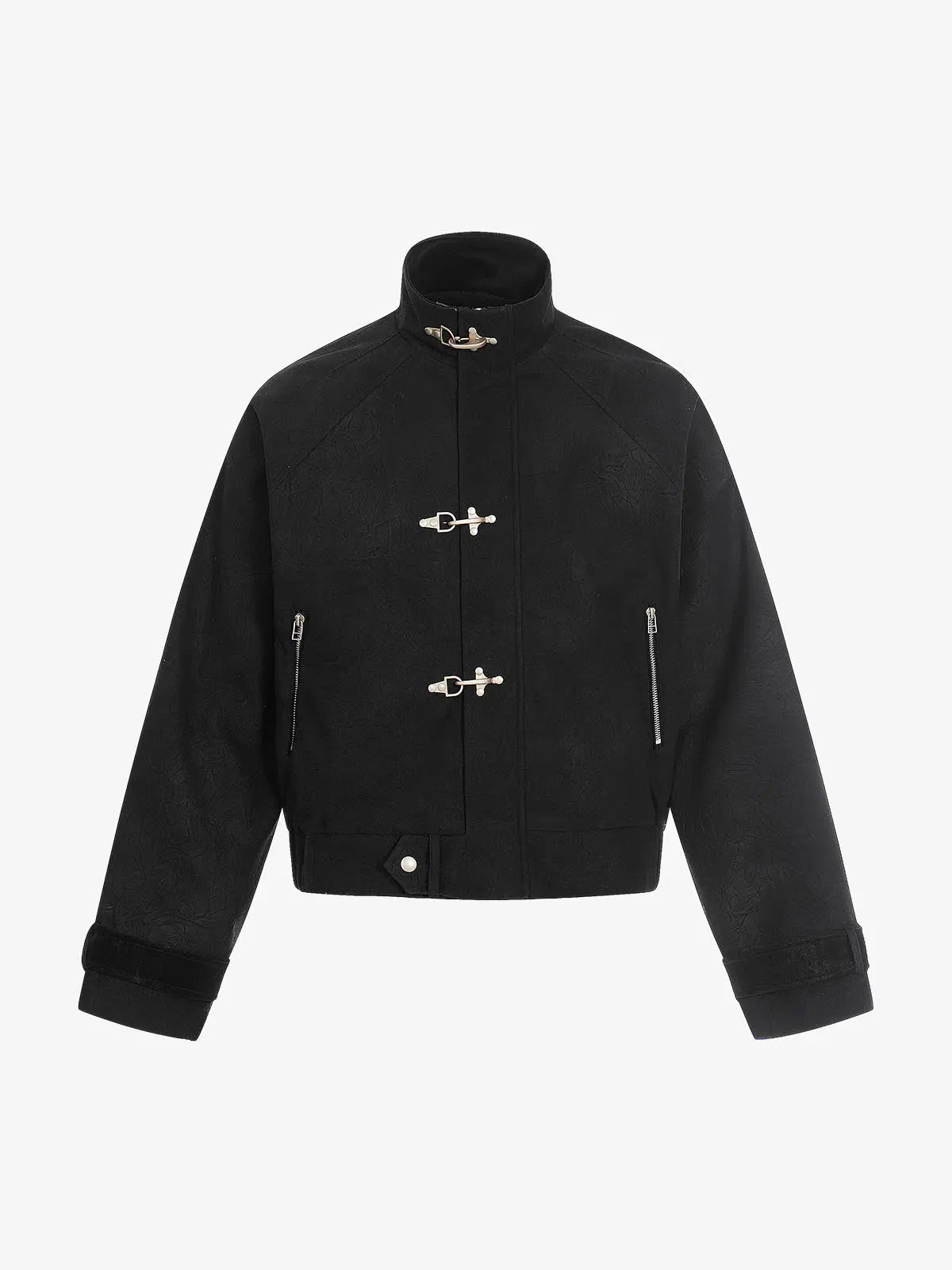 Textured Faux Leather Stand Collar Metal Buckle Jacket 