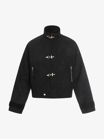Textured Faux Leather Stand Collar Metal Buckle Jacket 