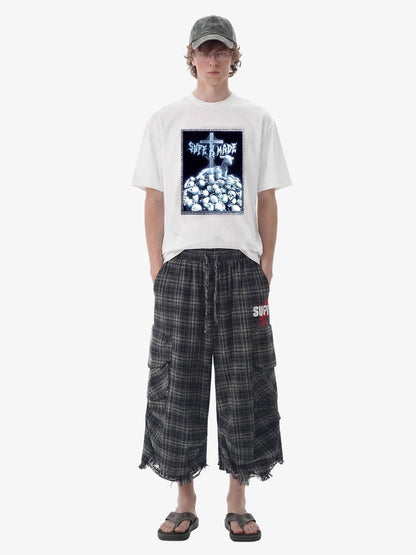 Plaid Linen-Blend Distressed Cargo Cropped Pants 