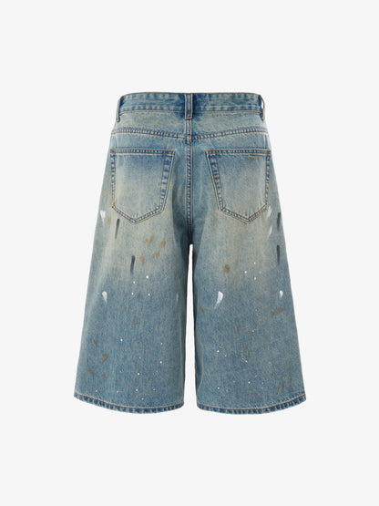Washed Distressed Ink-Splashed Denim Shorts 