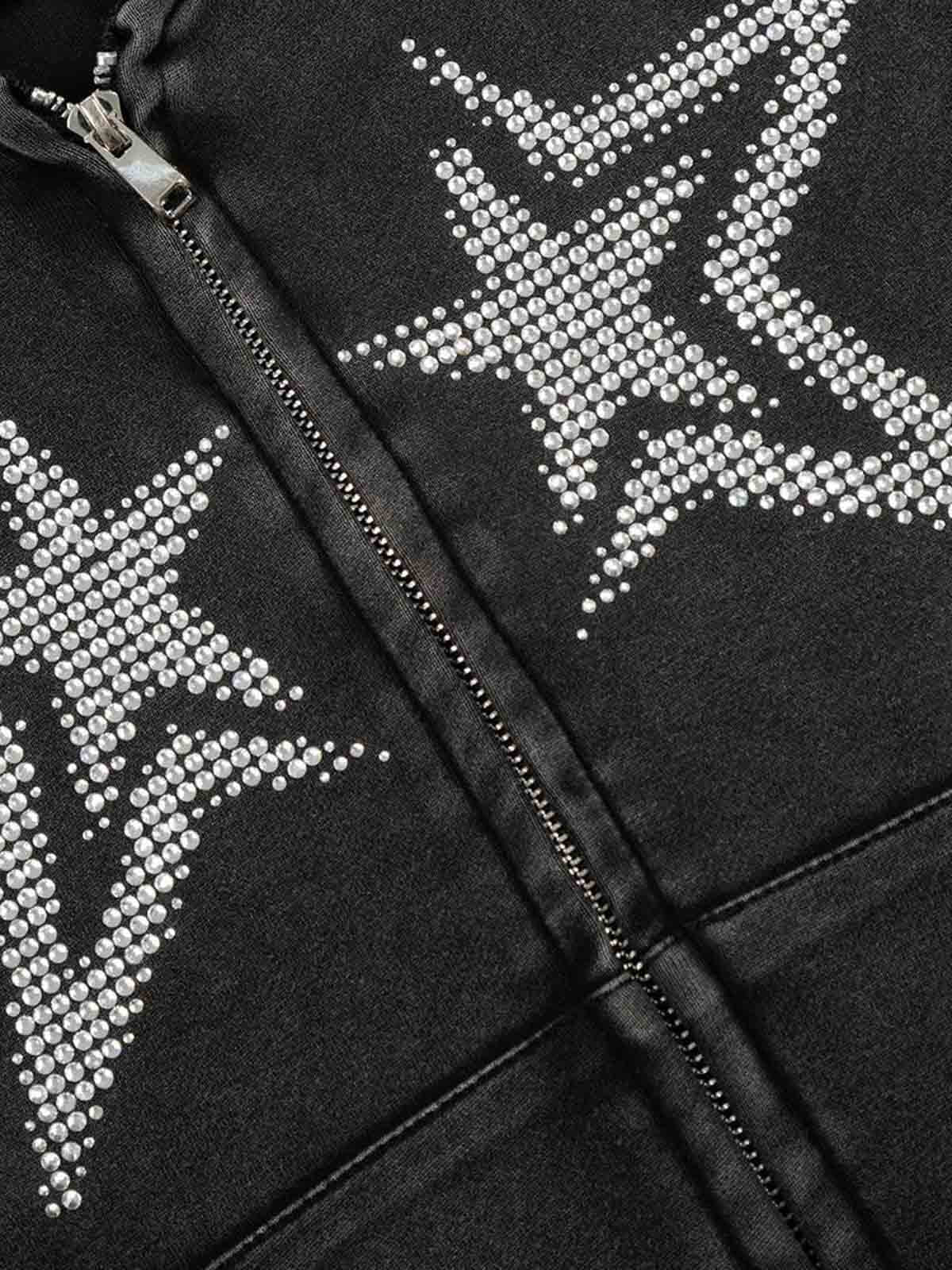 Vintage Washed Symmetrical Star Rhinestone Zip-Up Hoodie 