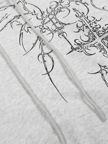 Floral Line Art Studded Pocket Hoodie 