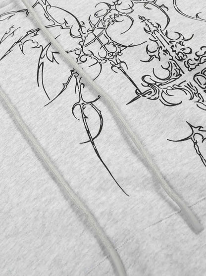 Floral Line Art Studded Pocket Hoodie 