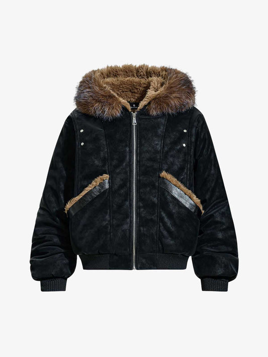 Retro Detachable Faux Fur Collar Suede Fleece Hoodie Jacket 