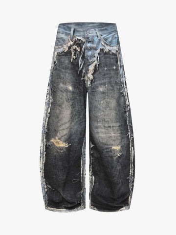 Distressed Patchwork Wide Leg Washed Denim Jeans 