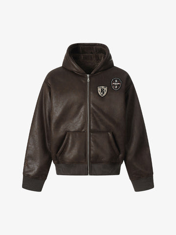 Vintage Leather Badge Fleece-lined Hooded Zip Bomber Jacket - 2547 
