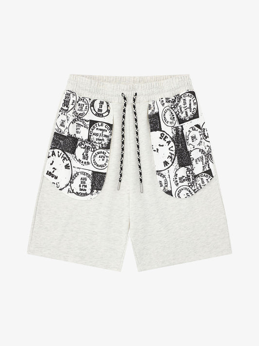 Stamp Print Patch Pocket Knit Shorts 