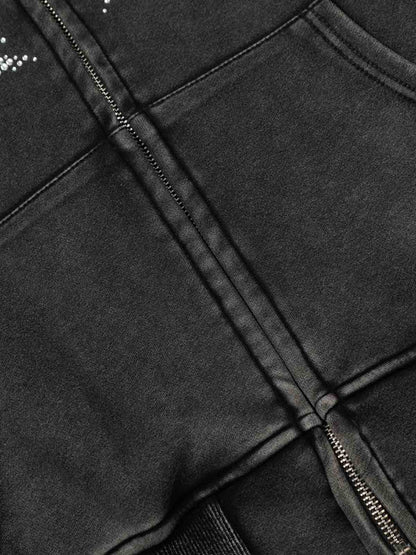 Vintage Washed Symmetrical Star Rhinestone Zip-Up Hoodie 