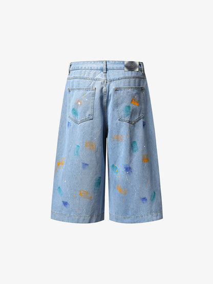 Paint Splatter Denim Wide-Leg Shorts – 100% Cotton Streetwear