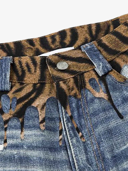 Vintage Washed Tiger Print Wide Leg Denim Jeans 