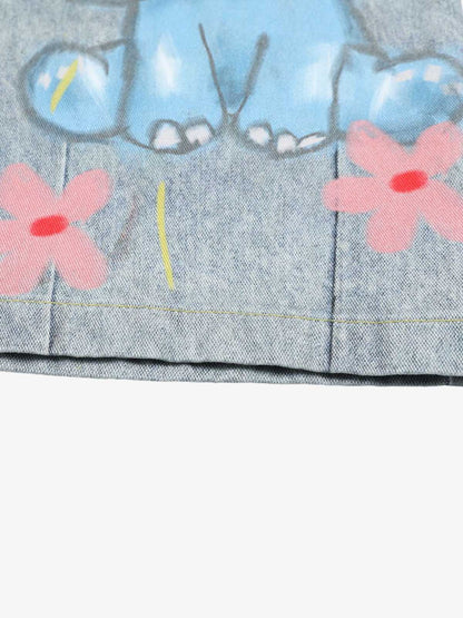 Denim Painted Animal Print Wide Leg Jeans with Cartoon Cat Dog Design 