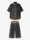 Camo-Trimmed Pleated Denim Utility Set 